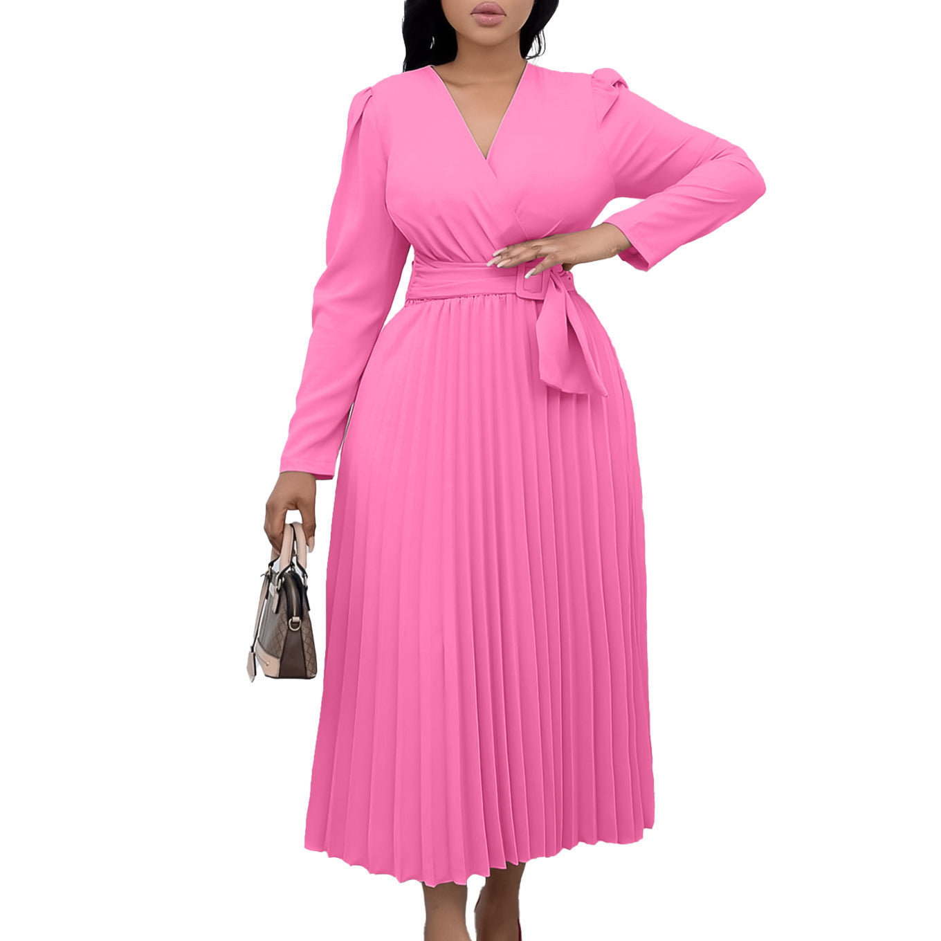 Long Sleeve Lace-up Solid Color And V-neck Slim-fit Pleated Plus Size Africa Dress