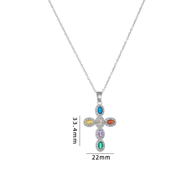 Cross Necklace Female Special-interest Design Micro Inlaid Color Zircon Pendant Clavicle Chain Accessories