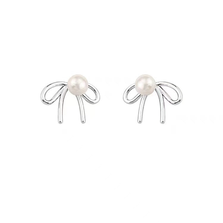 925 Sterling Silver Stud Earrings Light Luxury Shell Pearls Bow Special-interest Design