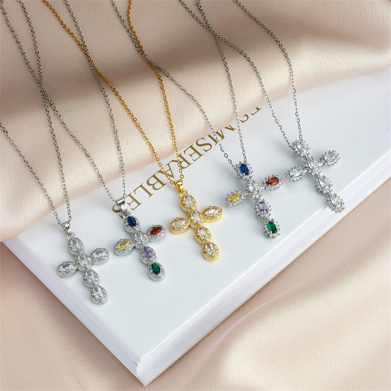 Cross Necklace Female Special-interest Design Micro Inlaid Color Zircon Pendant Clavicle Chain Accessories