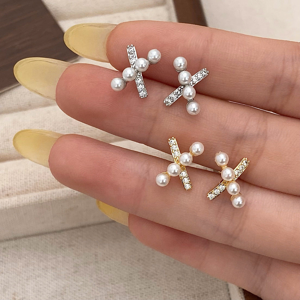 Fashion Small And Sweet Micro-inlaid Bead Cross Stud Earrings