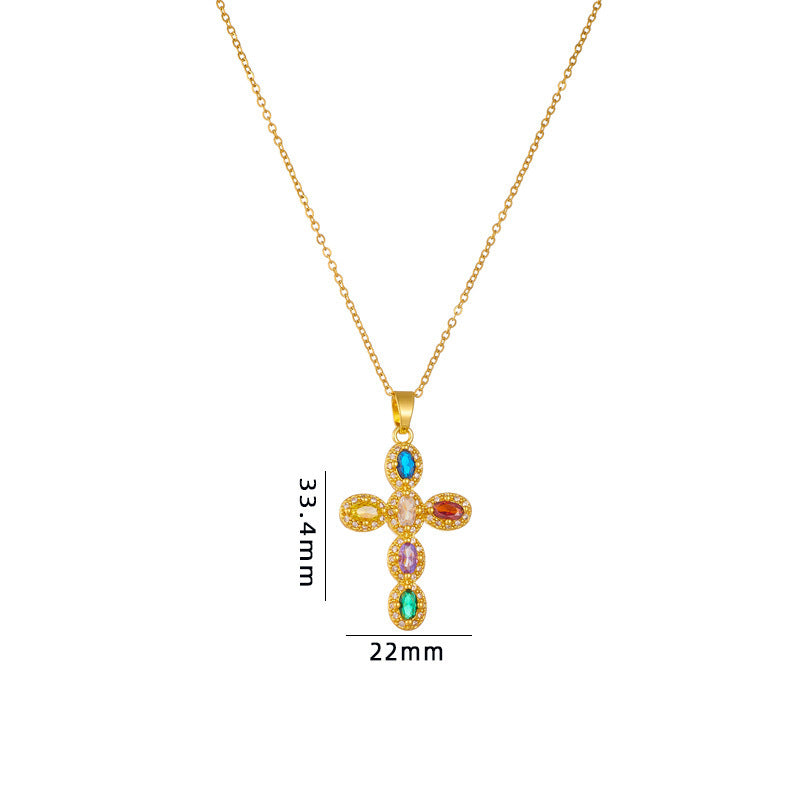 Cross Necklace Female Special-interest Design Micro Inlaid Color Zircon Pendant Clavicle Chain Accessories