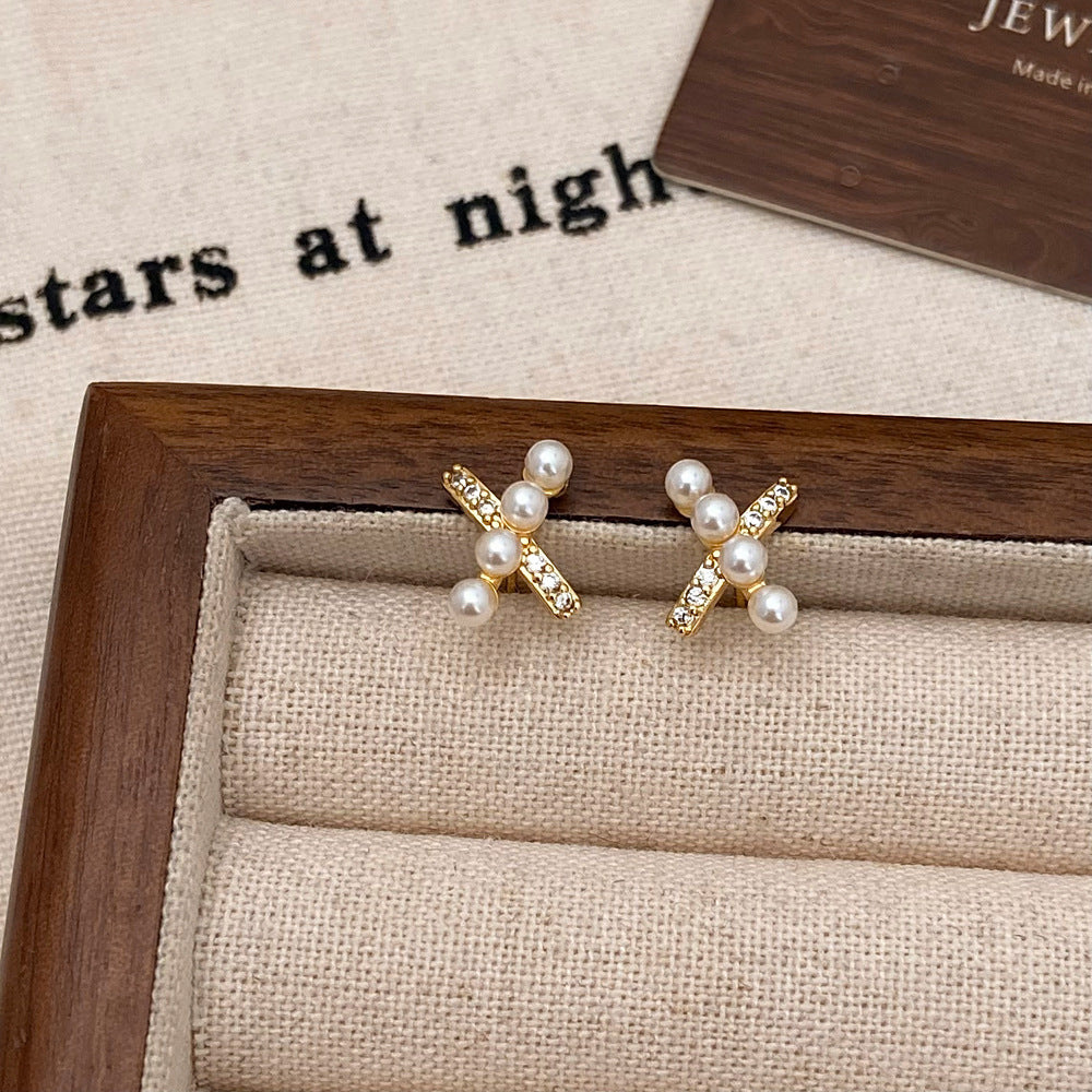 Fashion Small And Sweet Micro-inlaid Bead Cross Stud Earrings