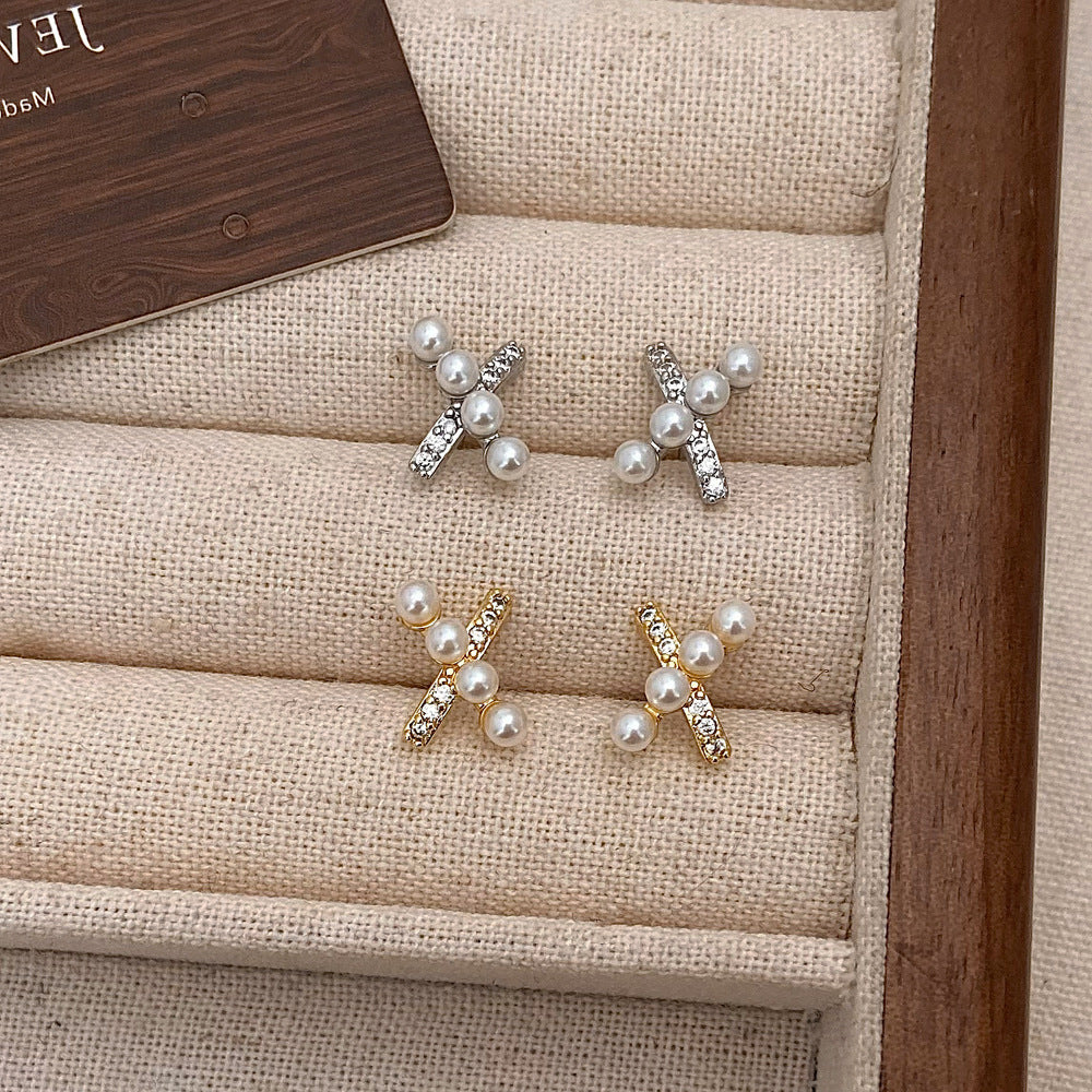 Fashion Small And Sweet Micro-inlaid Bead Cross Stud Earrings