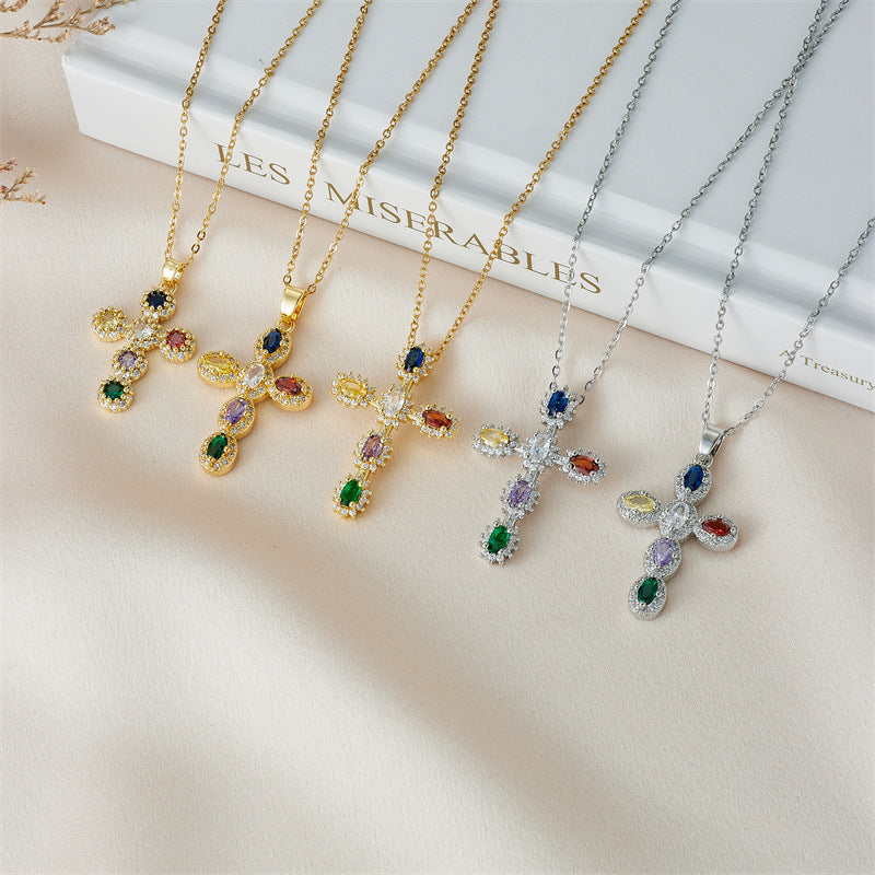 Cross Necklace Female Special-interest Design Micro Inlaid Color Zircon Pendant Clavicle Chain Accessories