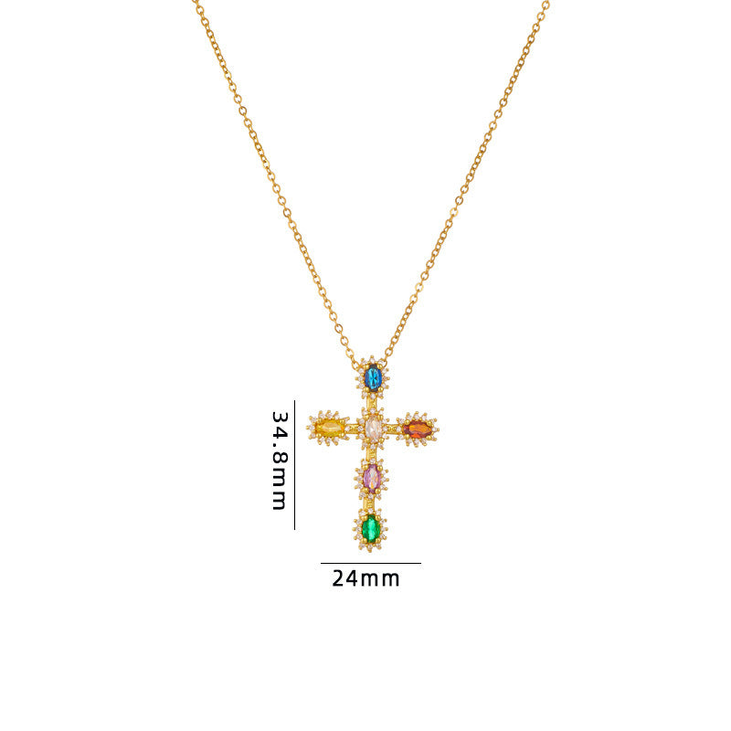 Cross Necklace Female Special-interest Design Micro Inlaid Color Zircon Pendant Clavicle Chain Accessories