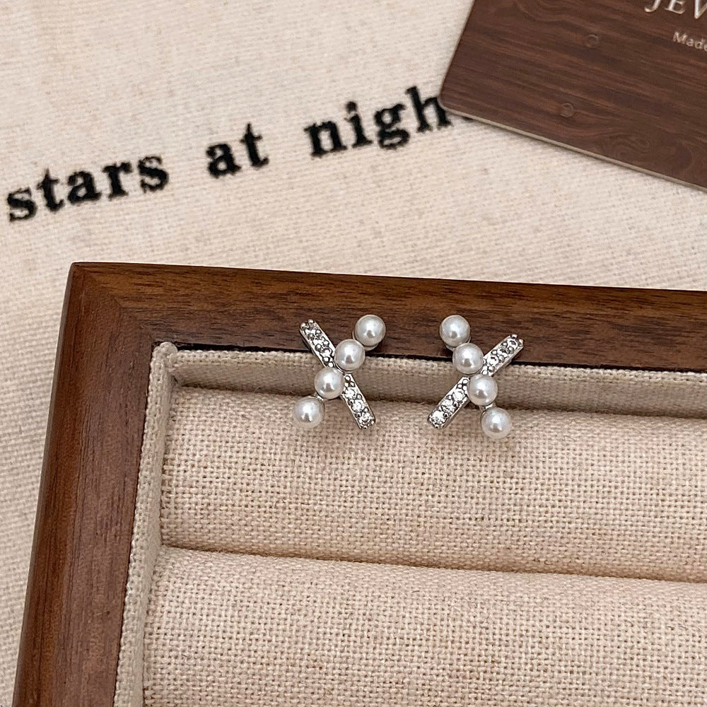 Fashion Small And Sweet Micro-inlaid Bead Cross Stud Earrings