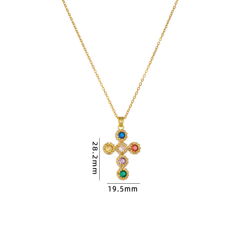 Cross Necklace Female Special-interest Design Micro Inlaid Color Zircon Pendant Clavicle Chain Accessories