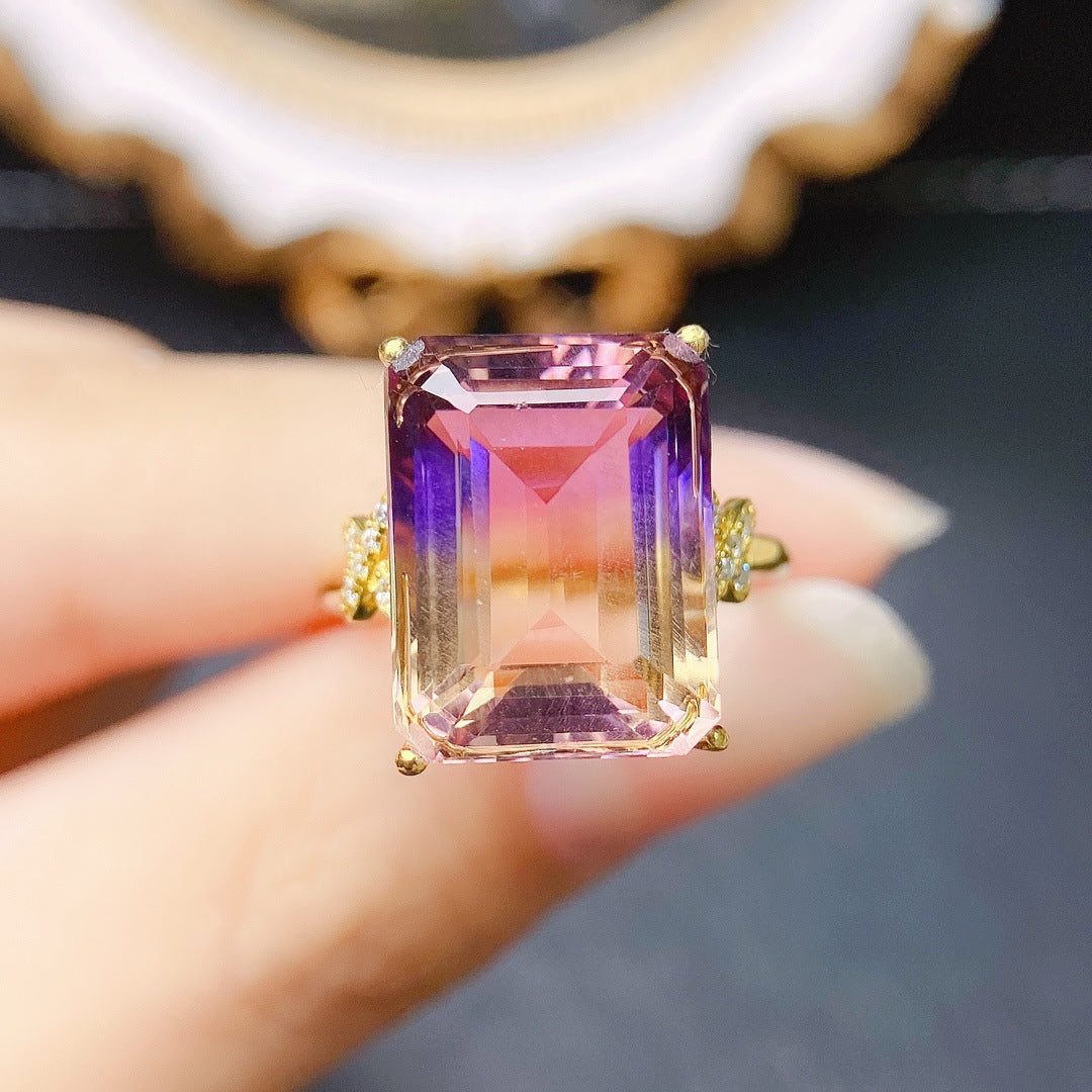 Natural Ametrine Ring S925 Silver Inlaid Main Stone